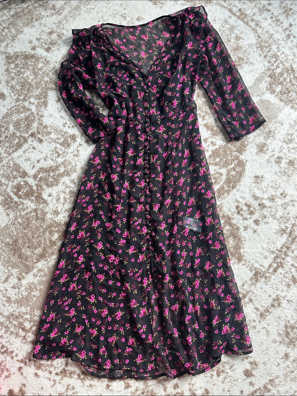 Express Black Button Down Midi Dress with Pink Floral Print